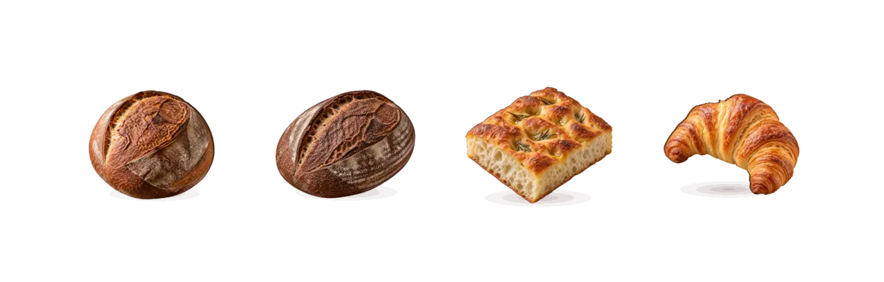 Пшеничный хлеб, ржано-пшеничный, фокачча и круассан в ряд